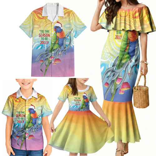 Rainbow Lorikeets Australia Christmas Family Matching Mermaid Dress and Hawaiian Shirt Eucalyptus Blossoms Aboriginal Art