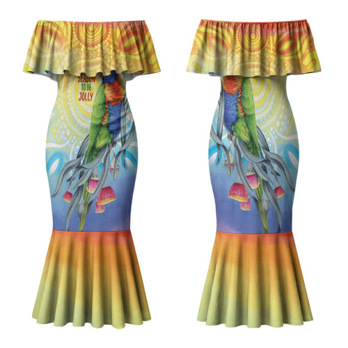 Rainbow Lorikeets Australia Christmas Family Matching Mermaid Dress and Hawaiian Shirt Eucalyptus Blossoms Aboriginal Art