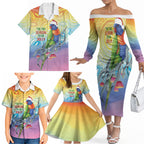 Rainbow Lorikeets Australia Christmas Family Matching Off The Shoulder Long Sleeve Dress and Hawaiian Shirt Eucalyptus Blossoms Aboriginal Art