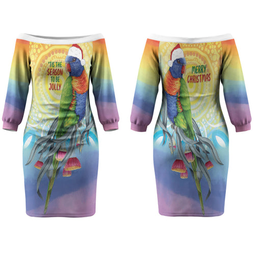 Rainbow Lorikeets Australia Christmas Family Matching Off The Shoulder Long Sleeve Dress and Hawaiian Shirt Eucalyptus Blossoms Aboriginal Art