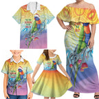 Rainbow Lorikeets Australia Christmas Family Matching Off Shoulder Maxi Dress and Hawaiian Shirt Eucalyptus Blossoms Aboriginal Art