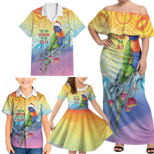 Rainbow Lorikeets Australia Christmas Family Matching Off Shoulder Maxi Dress and Hawaiian Shirt Eucalyptus Blossoms Aboriginal Art