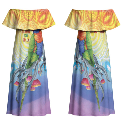 Rainbow Lorikeets Australia Christmas Family Matching Off Shoulder Maxi Dress and Hawaiian Shirt Eucalyptus Blossoms Aboriginal Art