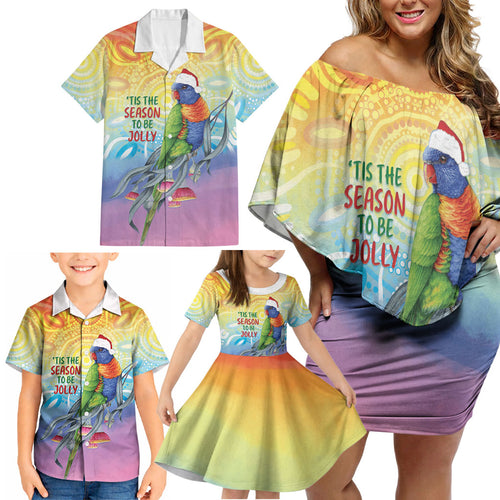 Rainbow Lorikeets Australia Christmas Family Matching Off Shoulder Short Dress and Hawaiian Shirt Eucalyptus Blossoms Aboriginal Art