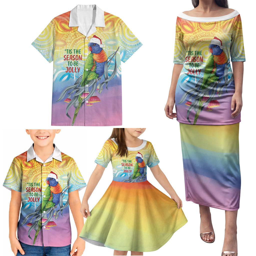 Rainbow Lorikeets Australia Christmas Family Matching Puletasi and Hawaiian Shirt Eucalyptus Blossoms Aboriginal Art