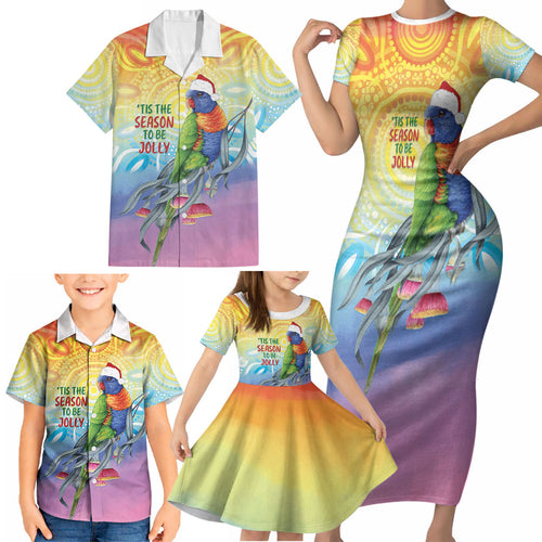 Rainbow Lorikeets Australia Christmas Family Matching Short Sleeve Bodycon Dress and Hawaiian Shirt Eucalyptus Blossoms Aboriginal Art