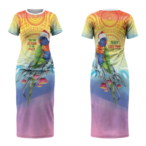 Rainbow Lorikeets Australia Christmas Family Matching Short Sleeve Bodycon Dress and Hawaiian Shirt Eucalyptus Blossoms Aboriginal Art