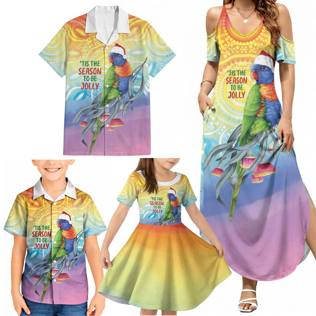 Rainbow Lorikeets Australia Christmas Family Matching Summer Maxi Dress and Hawaiian Shirt Eucalyptus Blossoms Aboriginal Art