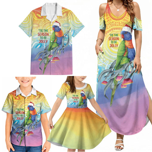 Rainbow Lorikeets Australia Christmas Family Matching Summer Maxi Dress and Hawaiian Shirt Eucalyptus Blossoms Aboriginal Art
