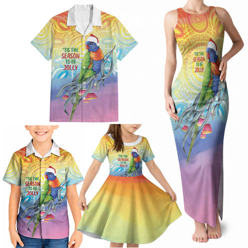 Rainbow Lorikeets Australia Christmas Family Matching Tank Maxi Dress and Hawaiian Shirt Eucalyptus Blossoms Aboriginal Art
