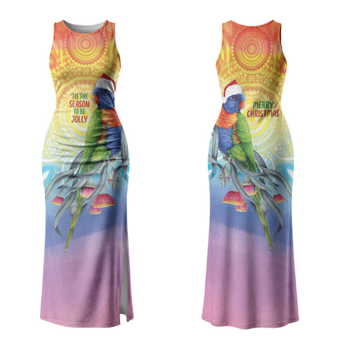 Rainbow Lorikeets Australia Christmas Family Matching Tank Maxi Dress and Hawaiian Shirt Eucalyptus Blossoms Aboriginal Art