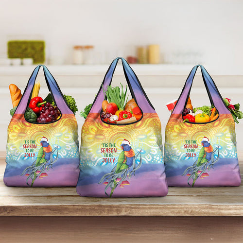 Rainbow Lorikeets Australia Christmas Grocery Bag Eucalyptus Blossoms Aboriginal Art