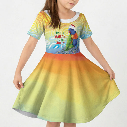 Rainbow Lorikeets Australia Christmas Kid Short Sleeve Dress Eucalyptus Blossoms Aboriginal Art