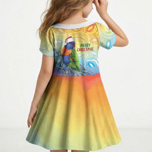 Rainbow Lorikeets Australia Christmas Kid Short Sleeve Dress Eucalyptus Blossoms Aboriginal Art