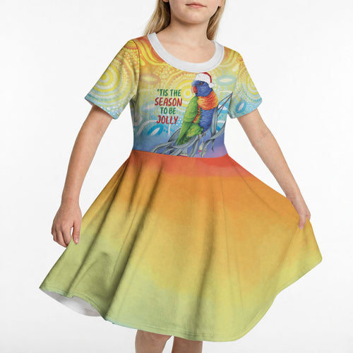 Rainbow Lorikeets Australia Christmas Kid Short Sleeve Dress Eucalyptus Blossoms Aboriginal Art