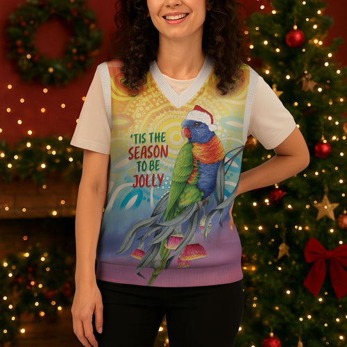 Rainbow Lorikeets Australia Christmas Knitted V-Neck Vest Eucalyptus Blossoms Aboriginal Art