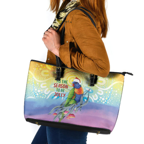 Rainbow Lorikeets Australia Christmas Leather Tote Bag Eucalyptus Blossoms Aboriginal Art