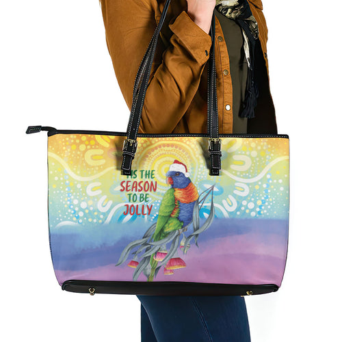 Rainbow Lorikeets Australia Christmas Leather Tote Bag Eucalyptus Blossoms Aboriginal Art