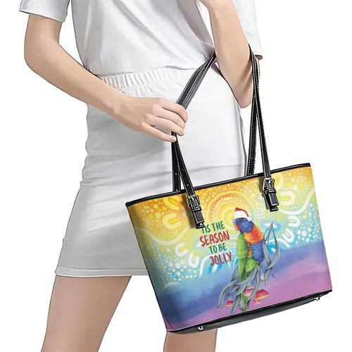 Rainbow Lorikeets Australia Christmas Leather Tote Bag Eucalyptus Blossoms Aboriginal Art
