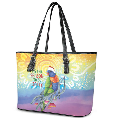 Rainbow Lorikeets Australia Christmas Leather Tote Bag Eucalyptus Blossoms Aboriginal Art