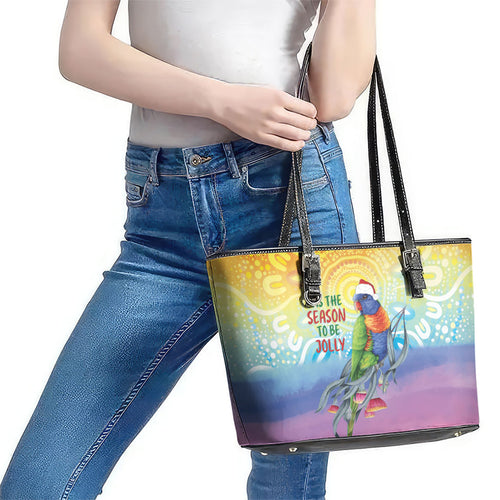 Rainbow Lorikeets Australia Christmas Leather Tote Bag Eucalyptus Blossoms Aboriginal Art