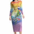 Rainbow Lorikeets Australia Christmas Long Sleeve Bodycon Dress Eucalyptus Blossoms Aboriginal Art