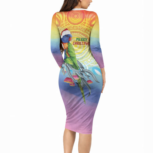 Rainbow Lorikeets Australia Christmas Long Sleeve Bodycon Dress Eucalyptus Blossoms Aboriginal Art
