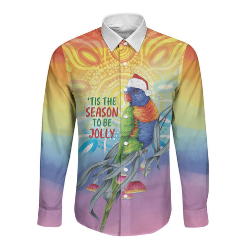 Rainbow Lorikeets Australia Christmas Long Sleeve Button Shirt Eucalyptus Blossoms Aboriginal Art