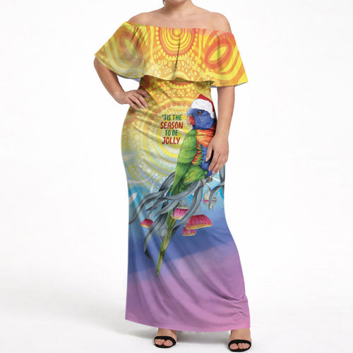 Rainbow Lorikeets Australia Christmas Off Shoulder Maxi Dress Eucalyptus Blossoms Aboriginal Art