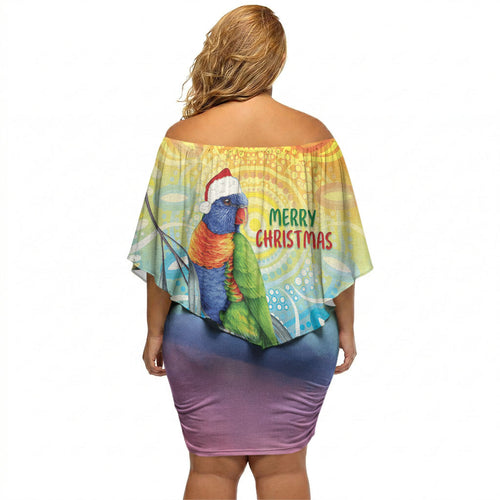 Rainbow Lorikeets Australia Christmas Off Shoulder Short Dress Eucalyptus Blossoms Aboriginal Art