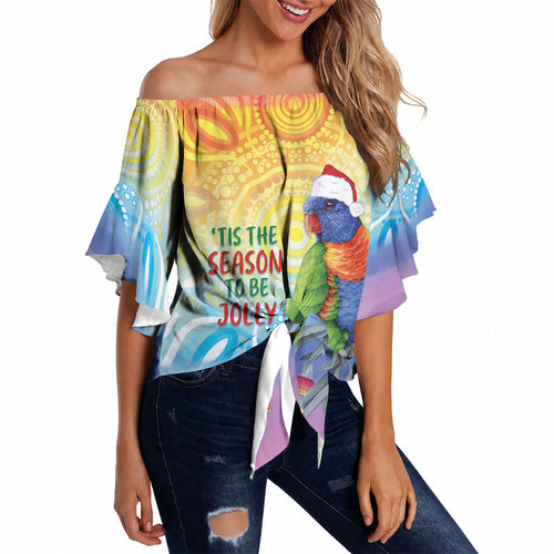 Rainbow Lorikeets Australia Christmas Off Shoulder Wrap Waist Top Eucalyptus Blossoms Aboriginal Art