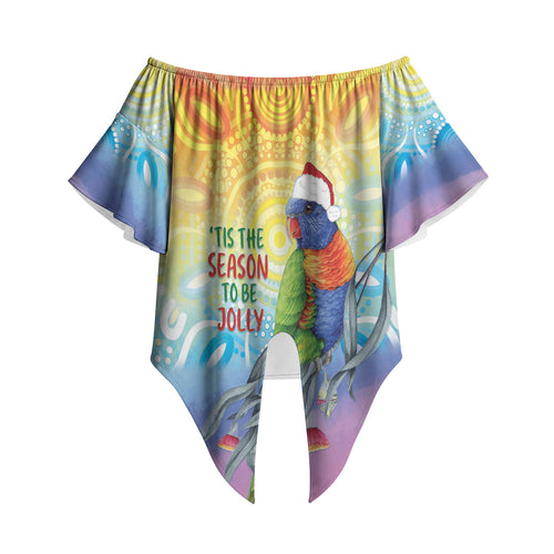Rainbow Lorikeets Australia Christmas Off Shoulder Wrap Waist Top Eucalyptus Blossoms Aboriginal Art