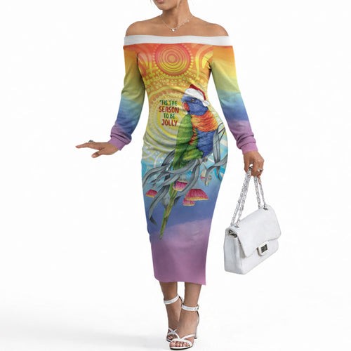 Rainbow Lorikeets Australia Christmas Off The Shoulder Long Sleeve Dress Eucalyptus Blossoms Aboriginal Art