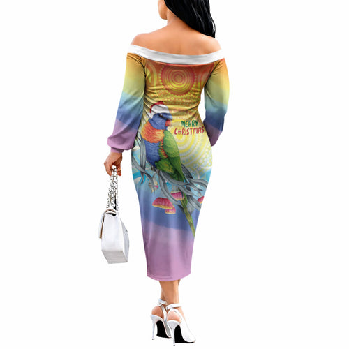 Rainbow Lorikeets Australia Christmas Off The Shoulder Long Sleeve Dress Eucalyptus Blossoms Aboriginal Art