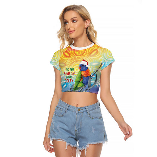 Rainbow Lorikeets Australia Christmas Raglan Cropped T Shirt Eucalyptus Blossoms Aboriginal Art