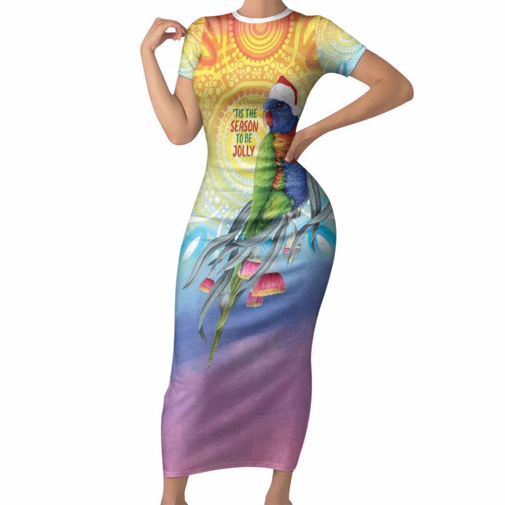 Rainbow Lorikeets Australia Christmas Short Sleeve Bodycon Dress Eucalyptus Blossoms Aboriginal Art