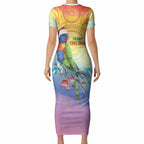 Rainbow Lorikeets Australia Christmas Short Sleeve Bodycon Dress Eucalyptus Blossoms Aboriginal Art
