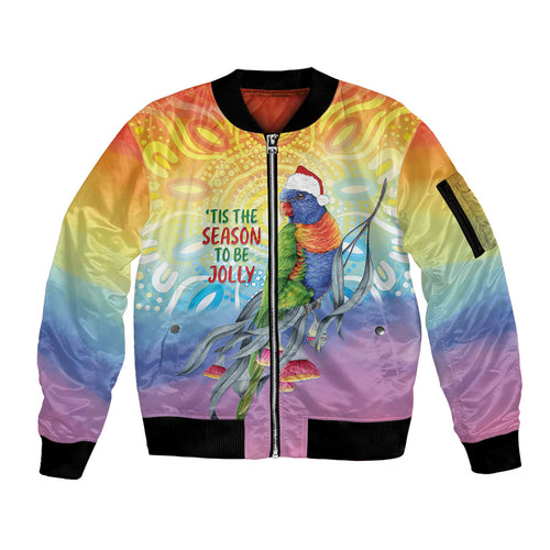 Rainbow Lorikeets Australia Christmas Sleeve Zip Bomber Jacket Eucalyptus Blossoms Aboriginal Art