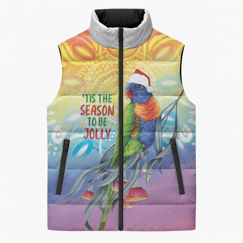 Rainbow Lorikeets Australia Christmas Sleeveless Puffer Jacket Eucalyptus Blossoms Aboriginal Art