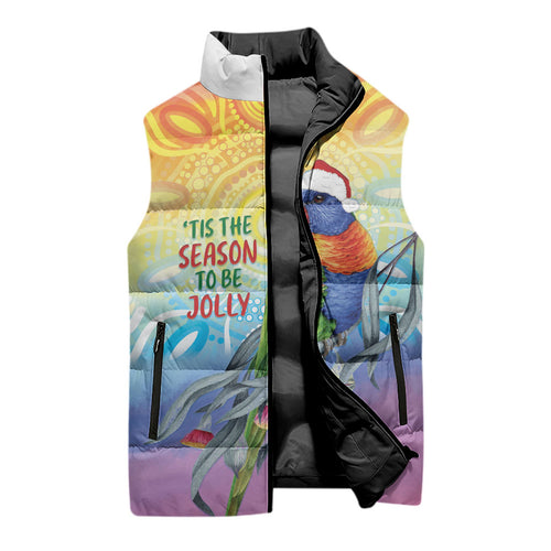 Rainbow Lorikeets Australia Christmas Sleeveless Puffer Jacket Eucalyptus Blossoms Aboriginal Art