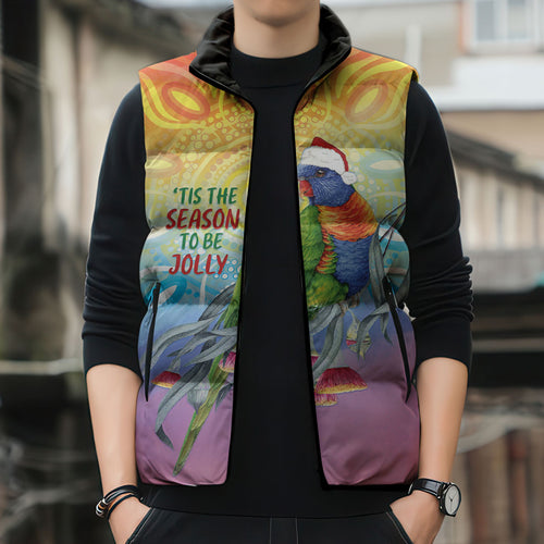 Rainbow Lorikeets Australia Christmas Sleeveless Puffer Jacket Eucalyptus Blossoms Aboriginal Art
