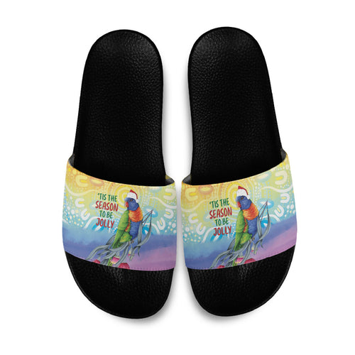 Rainbow Lorikeets Australia Christmas Slide Sandals Eucalyptus Blossoms Aboriginal Art