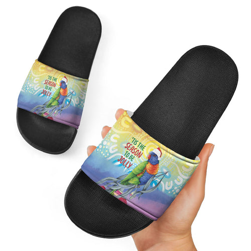 Rainbow Lorikeets Australia Christmas Slide Sandals Eucalyptus Blossoms Aboriginal Art