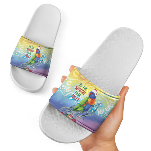 Rainbow Lorikeets Australia Christmas Slide Sandals Eucalyptus Blossoms Aboriginal Art