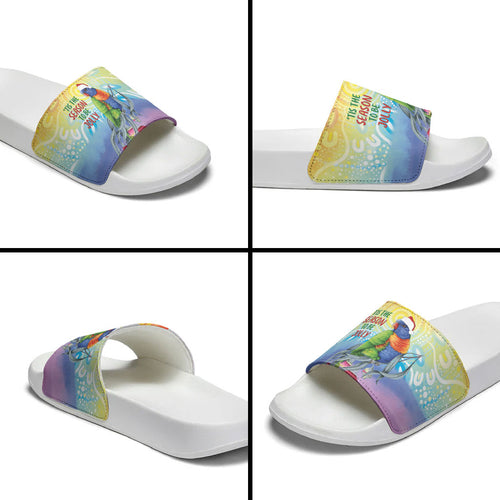 Rainbow Lorikeets Australia Christmas Slide Sandals Eucalyptus Blossoms Aboriginal Art
