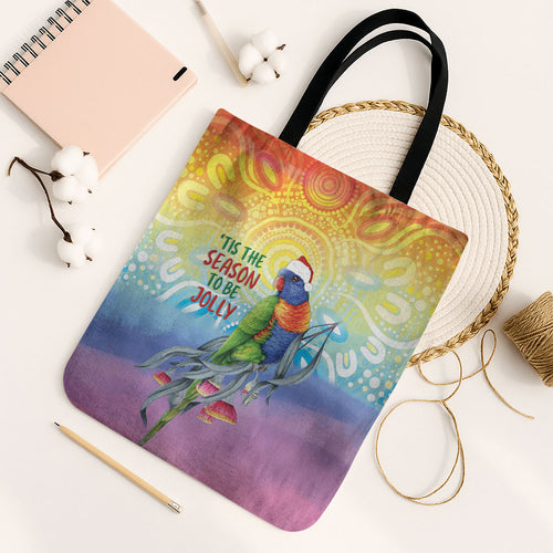 Rainbow Lorikeets Australia Christmas Tote Bag Eucalyptus Blossoms Aboriginal Art