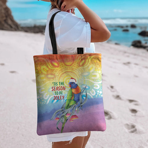 Rainbow Lorikeets Australia Christmas Tote Bag Eucalyptus Blossoms Aboriginal Art