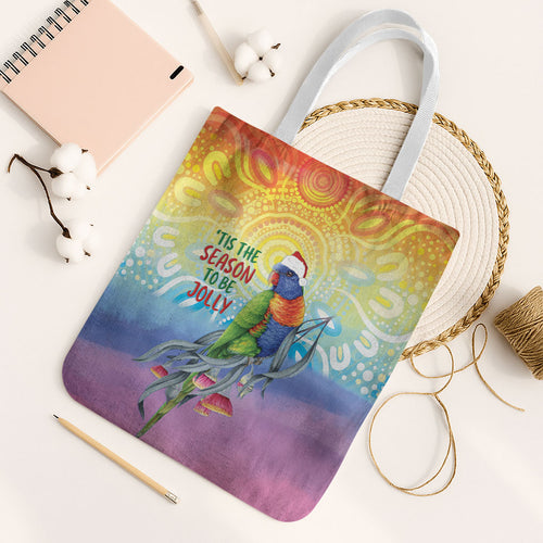 Rainbow Lorikeets Australia Christmas Tote Bag Eucalyptus Blossoms Aboriginal Art