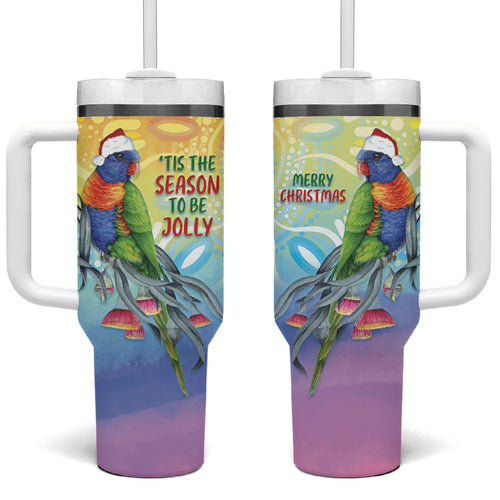 Rainbow Lorikeets Australia Christmas Tumbler With Handle Eucalyptus Blossoms Aboriginal Art