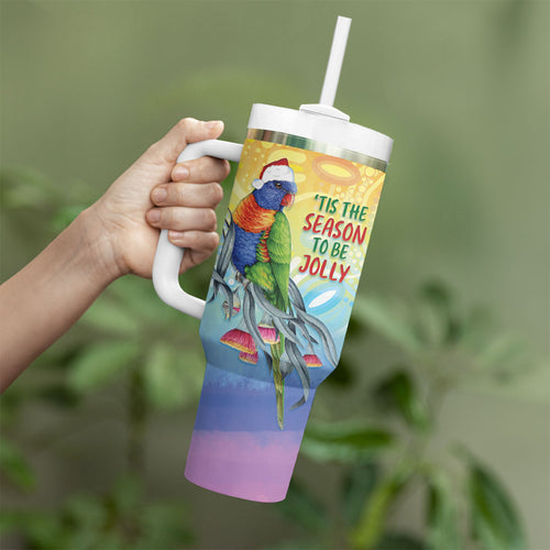 Rainbow Lorikeets Australia Christmas Tumbler With Handle Eucalyptus Blossoms Aboriginal Art
